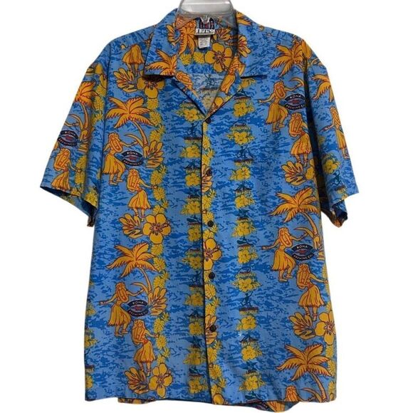 Vtg 90s UTY Apparel Hawaiian Shirt Mens XL Blue Yellow Button Front Short Sleeve - Picture 1 of 14